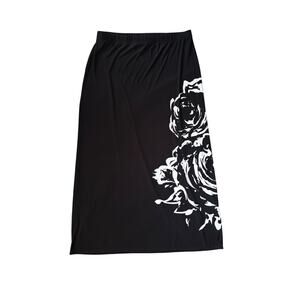 Chicos Maxi Skirt Size 2, Large Black White Floral Pull On Long Stretch